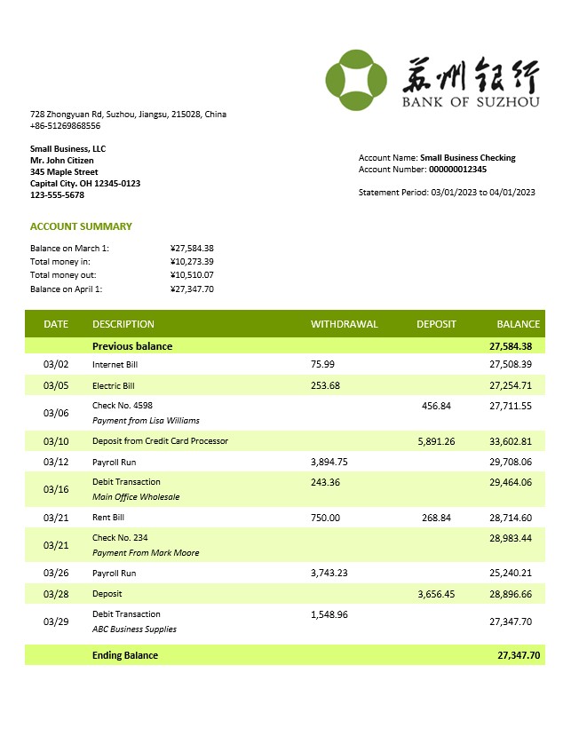 Modèle Word et PDF de relevé de compte d'entreprise de la Banque de Suzhou